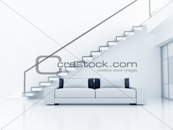 Interior in light tones with a sofa and a ladder on the second floor