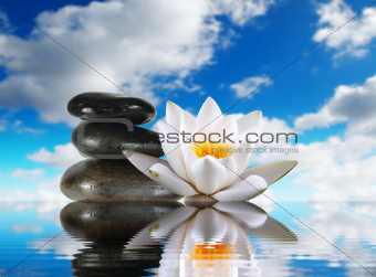 three stones and lily in water on sky background