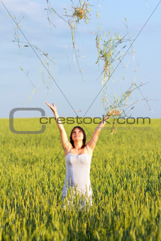 Girl in a wheat field throws ears
