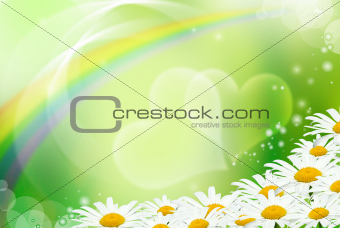 Hearts and daisies on a green background
