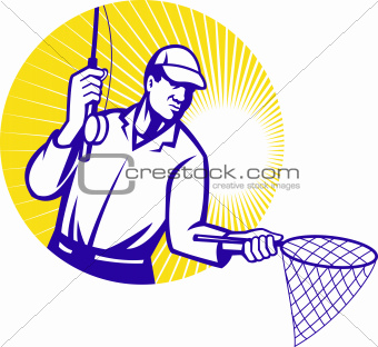 Fly Fisherman Fishing Net Retro Woodcut



