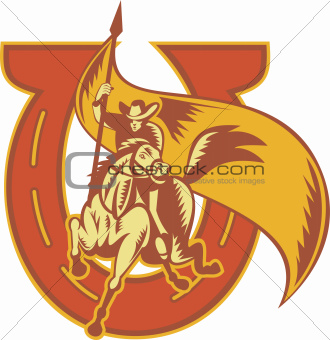 Rodeo Cowboy Riding Horse With Flag Horseshoe