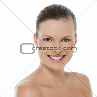 Beauty portrait of smiling young woman isolated on white