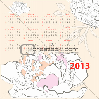 Calendar for 2013 with Peony flowers 
