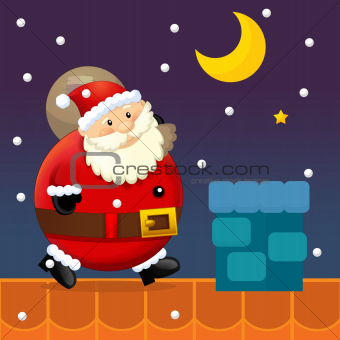 The santa delivers presents through the chimney on the roof