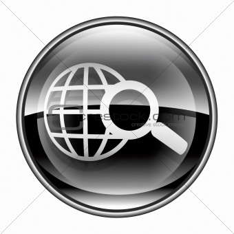 globe and magnifier icon black, isolated on white background.