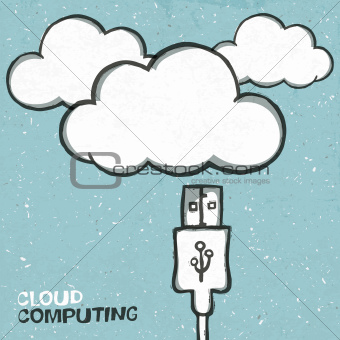 Cloud computing concept illustration, usb cabel and clouds icons