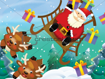 The santa claus flying with the sack full of presents - gifts - happy reindeer