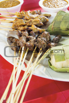 Chicken and Mutton Satay with Ketupat and Peanut Sauce