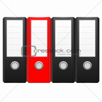 row of black binder folders with one red folder