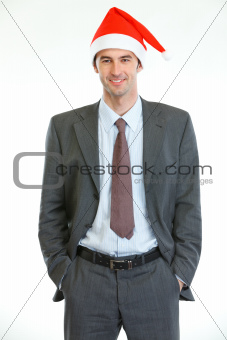 Portrait of smiling businessman in Santa's hat