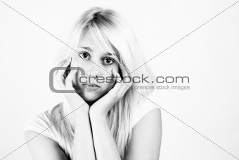 black and white portrait of blonde girl