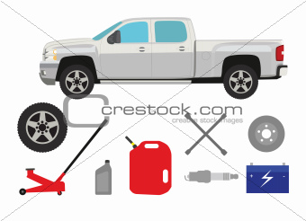 Pick-up truck with group of repair shop elements