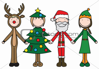Illustration of four kids holding hand in Christmas costumes