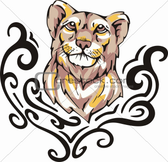Tattoo with lioness head. Color vector illustration.