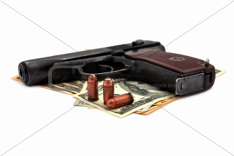 pistol, cartridges and dollars