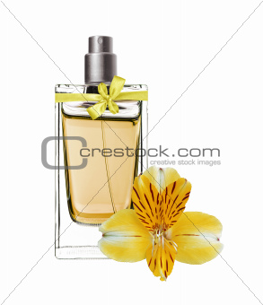 women's perfume in beautiful bottle with yellow orchid isolated 