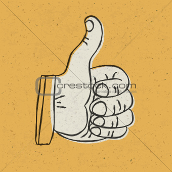 Retro styled thumb up symbol on yellow textured background. 