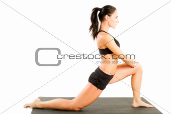 young woman in sports bra on yoga pose