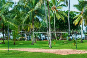 Tropical vacation resort with volleyball court