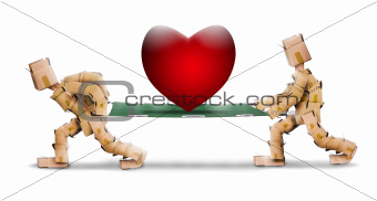 Big love heart on stretcher carried by box men
