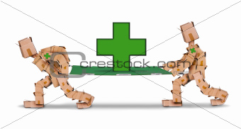 Box men carrying a stretcher with first aid cross