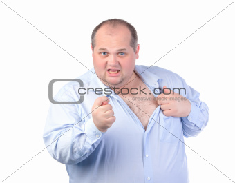 Fat Man in a Blue Shirt, Showing Obscene Gestures