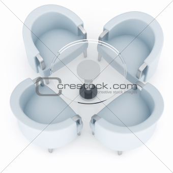 Four armchairs and round coffee table on a white background