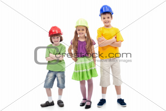 Kids with protective helmets posing