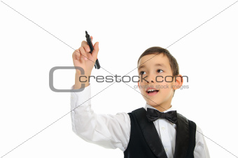 school boy wrighting with pen isolated on white