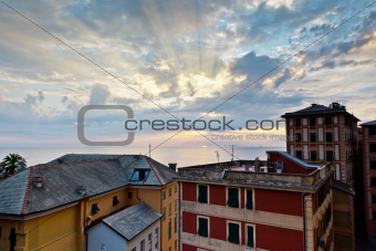 Sunset Sea and Houses in Village of Camogli near Genoa in Italy