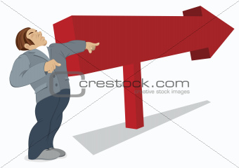 Man is pointing in the direction of a red arrow