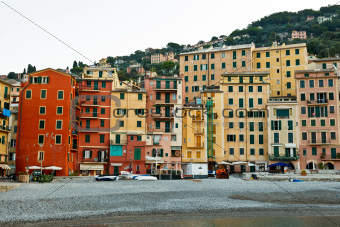Colorful Facades of Houses on the beach of Camogli, Italy