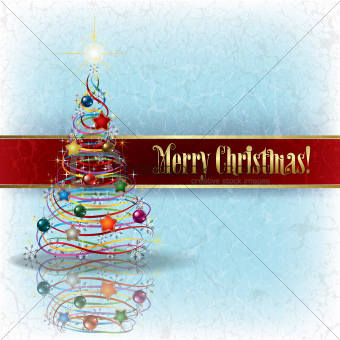 light greeting with Christmas tree on grunge background