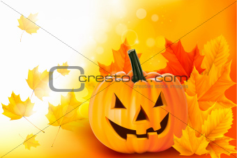 Scary Halloween pumpkin with leaves  Vector