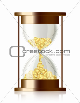 Time is money . Coins falling in the hourglass.