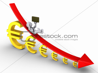 Businessman falling from descending graph and euros get smaller