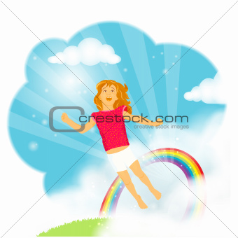 Little girl flying in the clouds