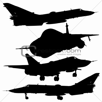 military combat airplane silhouettes set