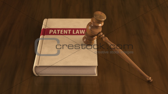 Patent law book with gavel on it