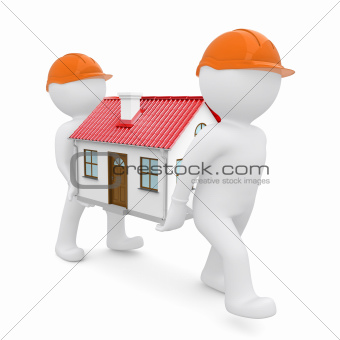 Two workers in orange hard hats have a house with red roof