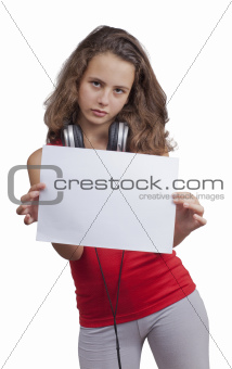 a girl holding a blank sheet of paper  and headphones