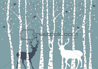 birch trees with deer, vector background