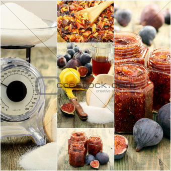 Cooking jam figs. Collage.