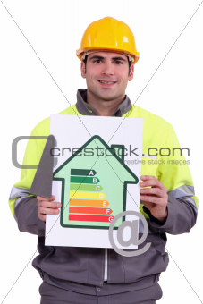 A construction worker holding a trowel, an energy efficiency rating sign and the at symbol