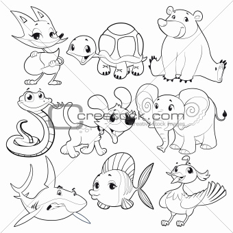 Set of animals in black and white.