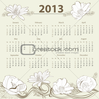 Calendar for 2013 with flowers 