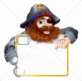 Happy pirate pointing at sign