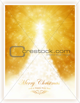 White shiny Christmas tree on sparkling golden background