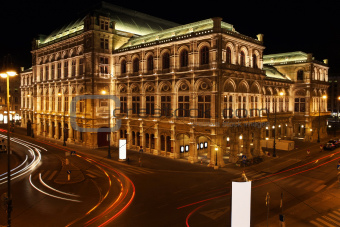 The Vienna Opera house at night in Vienna, Austria